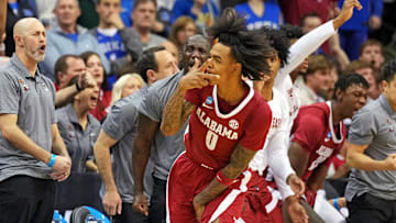 Mar 29, 2025; Newark, NJ, USA; Alabama Crimson Tide guard Labaron Philon (0) celebrates after making a three point basket during the second half against the Duke Blue Devils in the East Regional final of the 2025 NCAA tournament at Prudential Center. Mandatory Credit: Robert Deutsch-Imagn Images