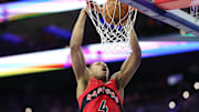 Mar 30, 2025; Philadelphia, Pennsylvania, USA; Toronto Raptors forward Scottie Barnes (4) dunks the ball against the Philadelphia 76ers during the third quarter at Wells Fargo Center. Mandatory Credit: Bill Streicher-Imagn Images