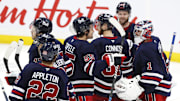 Oct 20, 2024; Winnipeg, Manitoba, CAN; Winnipeg Jets celebrate their victory over the Pittsburgh Penguins at Canada Life Centre. Mandatory Credit: James Carey Lauder-Imagn Images