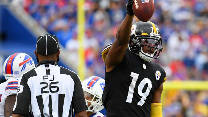 Sep 12, 2021; Orchard Park, New York, USA; Pittsburgh Steelers wide receiver JuJu Smith-Schuster (19) reacts to his first down catch against the Buffalo Bills during the second half at Highmark Stadium. Mandatory Credit: Rich Barnes-USA TODAY Sports