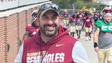 Florida State football and coaches players arrive for the fifth FSU spring football practice of the