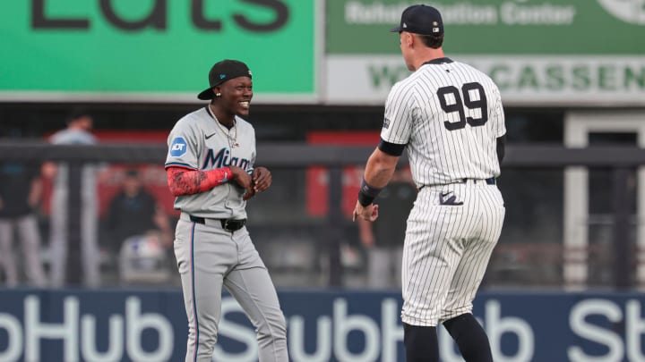 Aaron Judge and Jazz Chisholm, photographed on opposing teams at the time, are now Yankee teammates