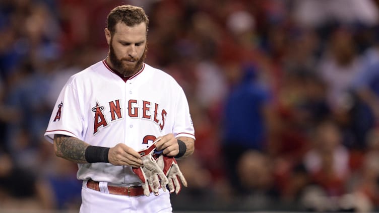 Oct 3, 2014; Anaheim, CA, USA; Los Angeles Angels left fielder Josh Hamilton (32) reacts after