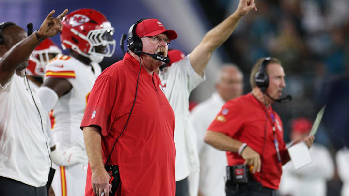 Oct 6, 2025; Jacksonville, Florida, USA; Kansas City Chiefs head coach Andy Reid during the first half against the Jacksonville Jaguars at EverBank Stadium. Mandatory Credit: Nathan Ray Seebeck-Imagn Images