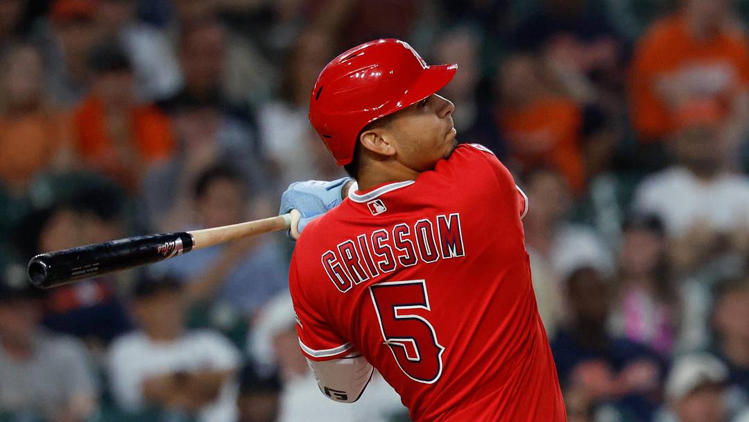 May 26, 2026; Detroit, Michigan, USA;  Los Angeles Angels second baseman Vaughn Grissom (5) hits a grand slam in the eighth inning against the Detroit Tigers at Comerica Park. Mandatory Credit: Rick Osentoski-Imagn Images