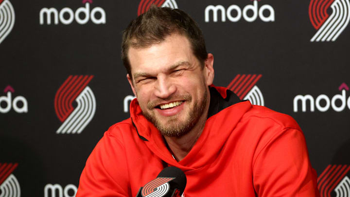 Feb 9, 2026; Portland, Oregon, USA; Portland Trail Blazers Interim Head Coach Tiago Splitter reacts during a press before the Traill Blazers play against Philadelphia 76ers at Moda Center. Mandatory Credit: Jaime Valdez-Imagn Images