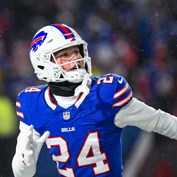 Buffalo Bills Cole Bishop warms up before a 2025 AFC divisional round game against the Baltimore Ravens.