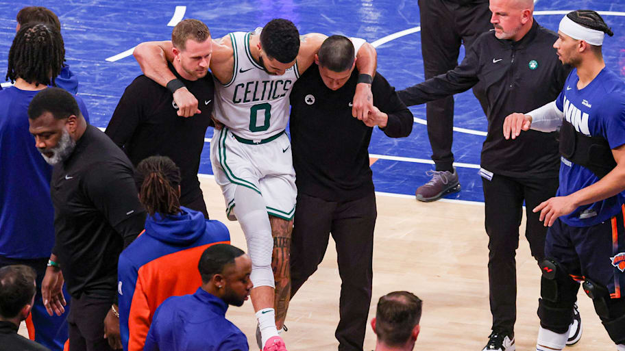 Boston Celtics star Jayson Tatum tore his Achilles in the Eastern Conference semifinals. | Vincent Carchietta-Imagn Images