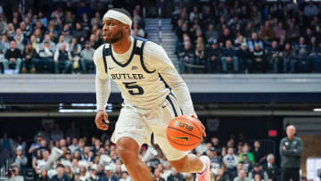 Jan 20, 2024; Indianapolis, Indiana, USA;  Butler Bulldogs guard Posh Alexander (5) dribbles the ball against the DePaul Blue Demons during the first half at Hinkle Fieldhouse. Mandatory Credit: Robert Goddin-USA TODAY Sports