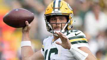 Aug 23, 2025; Green Bay, Wisconsin, USA; Former Green Bay Packers quarterback Sean Clifford (16) throws during the first half against the Seattle Seahawks at Lambeau Field.