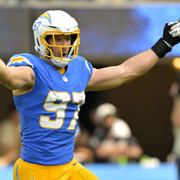 Los Angeles Chargers linebacker Joey Bosa celebrates after forcing a fumble in the second half against the Las Vegas Raiders.