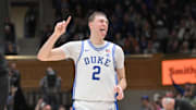 Feb 15, 2025; Durham, North Carolina, USA;  Duke Blue Devils forward Cooper Flagg (2) celebrating after scoring against the Stanford Cardinal during the second half at Cameron Indoor Stadium. Mandatory Credit: Zachary Taft-Imagn Images
