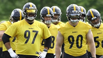 May 24, 2022; Pittsburgh, PA, USA;  Pittsburgh Steelers defensive end Cameron Heyward (97) and linebacker TJ Watt (90) 