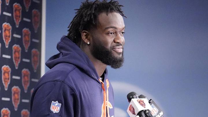 May 10, 2025; Lake Forest, IL, USA; Chicago Bears linebacker Ruben Hyppolite III answers questions after rookie minicamp at Halas Hall.
