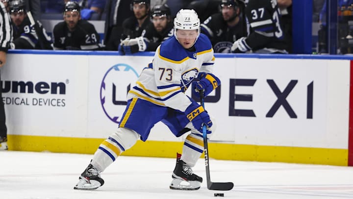 Feb 28, 2026; Tampa, Florida, USA; Buffalo Sabres defenseman Zach Metsa (73) handles the puck against the Tampa Bay Lightning during the first period at Benchmark International Arena. Mandatory Credit: Morgan Tencza-Imagn Images