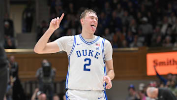 Feb 15, 2025; Durham, North Carolina, USA;  Duke Blue Devils forward Cooper Flagg (2) celebrating after scoring against the Stanford Cardinal during the second half at Cameron Indoor Stadium. Mandatory Credit: Zachary Taft-Imagn Images