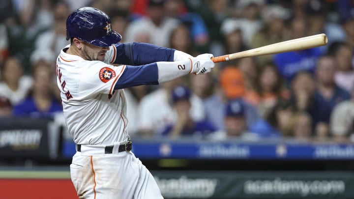 Jul 27, 2024; Houston, Texas, USA; Houston Astros third baseman Alex Bregman (2) hits a walk-off home run during the ninth inning against the Los Angeles Dodgers at Minute Maid Park.