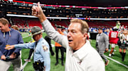 Dec 2, 2023; Atlanta, GA, USA; Alabama Crimson Tide head coach Nick Saban leaves the field after defeating the Georgia Bulldogs in the SEC Championship at Mercedes-Benz Stadium. Mandatory Credit: John David Mercer-Imagn Images