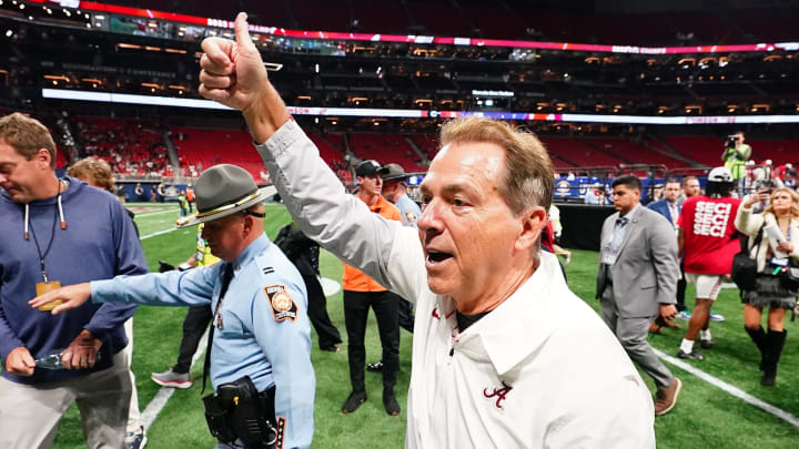 Dec 2, 2023; Atlanta, GA, USA; Alabama Crimson Tide head coach Nick Saban leaves the field after