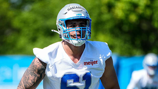 Detroit Lions defensive lineman Ahmed Hassanein (61) practices during rookie mini camp  