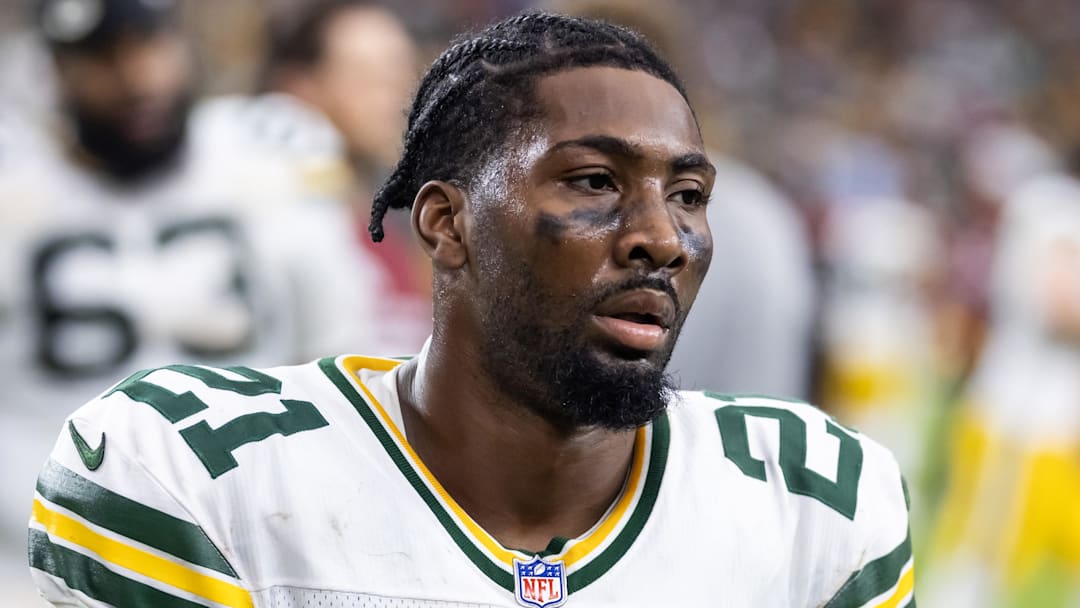 Oct 19, 2025; Glendale, Arizona, USA; Green Bay Packers cornerback Nate Hobbs (21) against the Arizona Cardinals at State Farm Stadium. Mandatory Credit: Mark J. Rebilas-Imagn Images