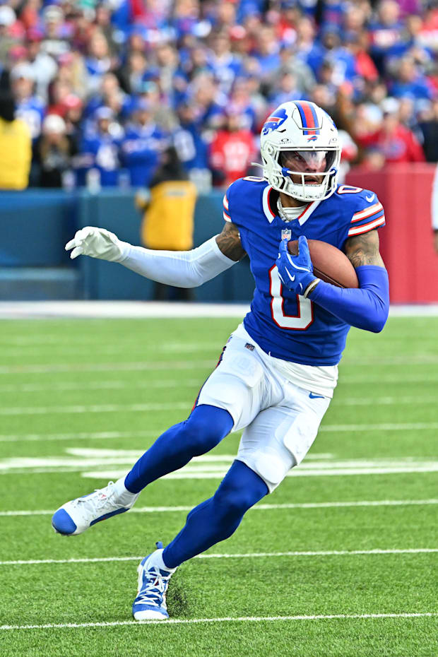 Buffalo Bills wide receiver Keon Coleman carries the ball after making a catch against the Miami Dolphins