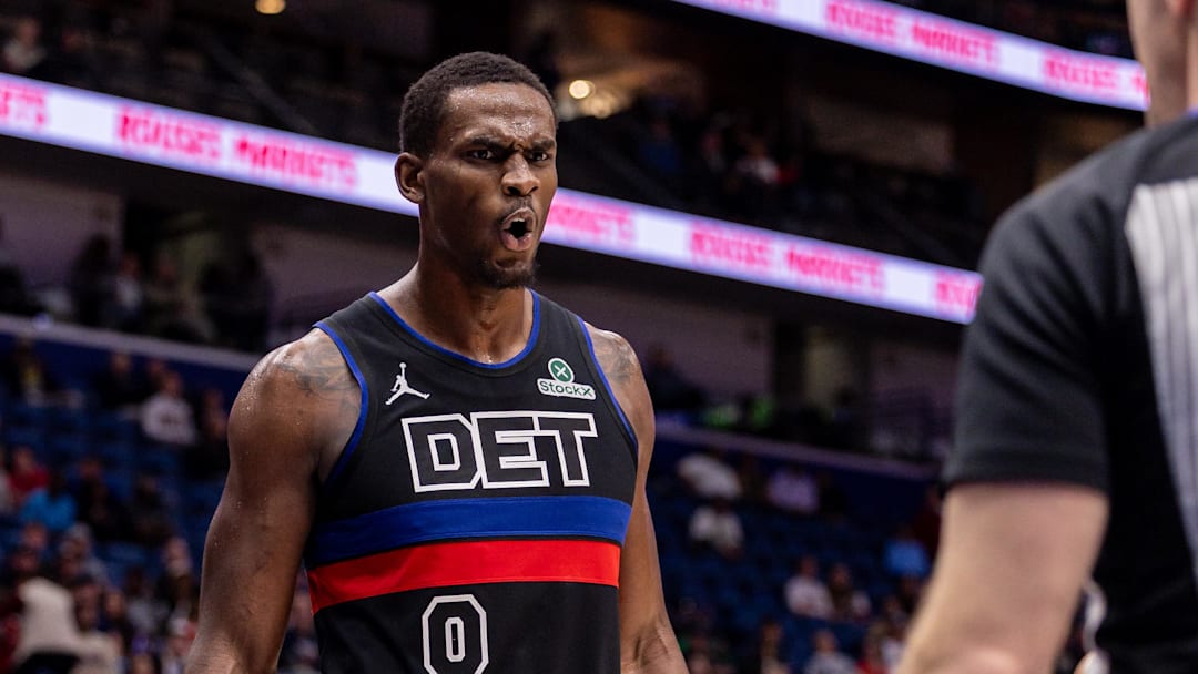 Jan 21, 2026; New Orleans, Louisiana, USA;  Detroit Pistons center Jalen Duren (0) reacts to a play against the New Orleans Pelicans during the second half at Smoothie King Center. Mandatory Credit: Stephen Lew-Imagn Images