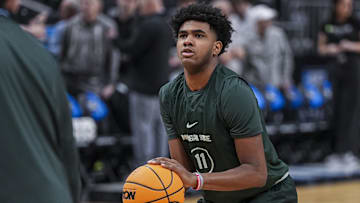 Mar 27, 2025; Atlanta, GA, USA; Michigan State Spartans guard Jase Richardson (11) on the court during practice at State Farm Arena. Mandatory Credit: Dale Zanine-Imagn Images