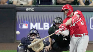 Cincinnati Reds third baseman Sal Stewart (43) hits a solo home run during the sixth inning of their game against the Milwaukee Brewers Saturday, September 27, 2025 at American Family Field in Milwaukee, Wisconsin.