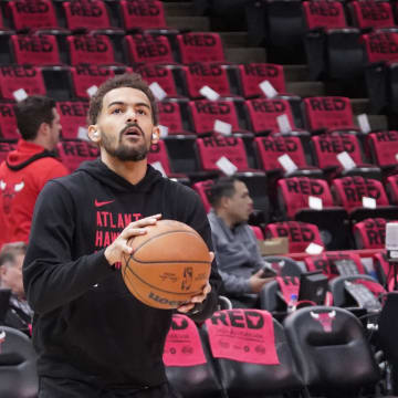 Apr 17, 2024; Chicago, Illinois, USA; Atlanta Hawks guard Trae Young (11) warms up before a play-in game of the 2024 NBA playoffs against the Chicago Bulls at United Center. Mandatory Credit: David Banks-USA TODAY Sports