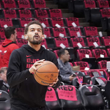 Apr 17, 2024; Chicago, Illinois, USA; Atlanta Hawks guard Trae Young (11) warms up before a play-in game of the 2024 NBA playoffs against the Chicago Bulls at United Center. Mandatory Credit: David Banks-Imagn Images