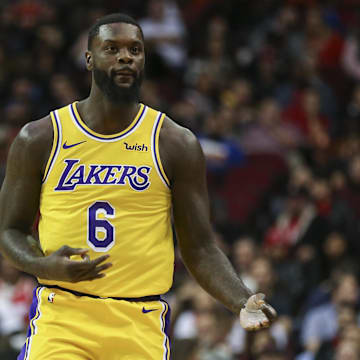 Jan 19, 2019; Houston, TX, USA; Los Angeles Lakers guard Lance Stephenson (6) celebrates after making a basket during the fourth quarter against the Houston Rockets at Toyota Center. Mandatory Credit: Troy Taormina-Imagn Images