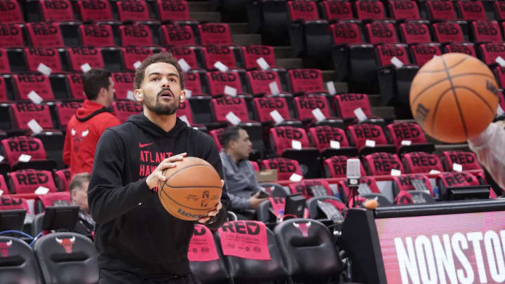 Apr 17, 2024; Chicago, Illinois, USA; Atlanta Hawks guard Trae Young (11) warms up before a play-in game of the 2024 NBA playoffs against the Chicago Bulls at United Center. Mandatory Credit: David Banks-USA TODAY Sports