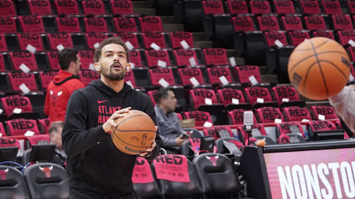 Apr 17, 2024; Chicago, Illinois, USA; Atlanta Hawks guard Trae Young (11) warms up before a play-in game of the 2024 NBA playoffs against the Chicago Bulls at United Center. Mandatory Credit: David Banks-Imagn Images