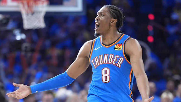 Jun 22, 2025; Oklahoma City, Oklahoma, USA; Oklahoma City Thunder forward Jalen Williams (8) reacts after a play against the Indiana Pacers during the second half of game seven of the 2025 NBA Finals at Paycom Center. Mandatory Credit: Kyle Terada-Imagn Images