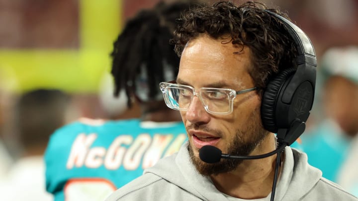 Aug 23, 2024; Tampa, Florida, USA;  Miami Dolphins head coach Mike McDaniel against the Tampa Bay Buccaneers during the second half at Raymond James Stadium.