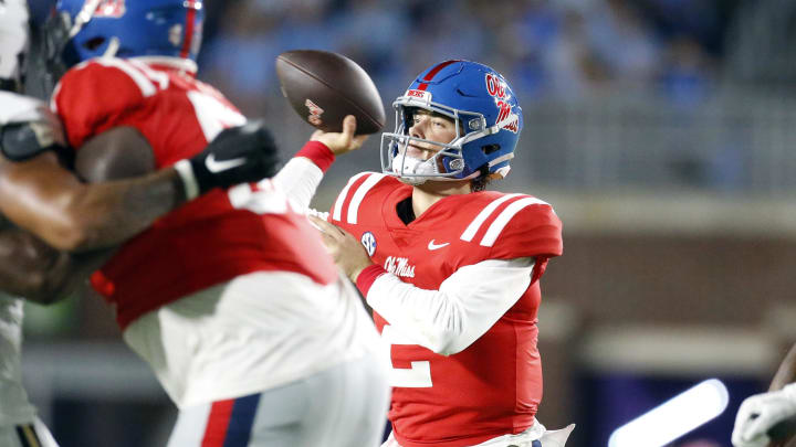 Oct 28, 2023; Oxford, Mississippi, USA; Mississippi Rebels quarterback Jaxson Dart (2) passes the ball during the first half against the Vanderbilt Commodores at Vaught-Hemingway Stadium. Mandatory Credit: Petre Thomas-USA TODAY Sports