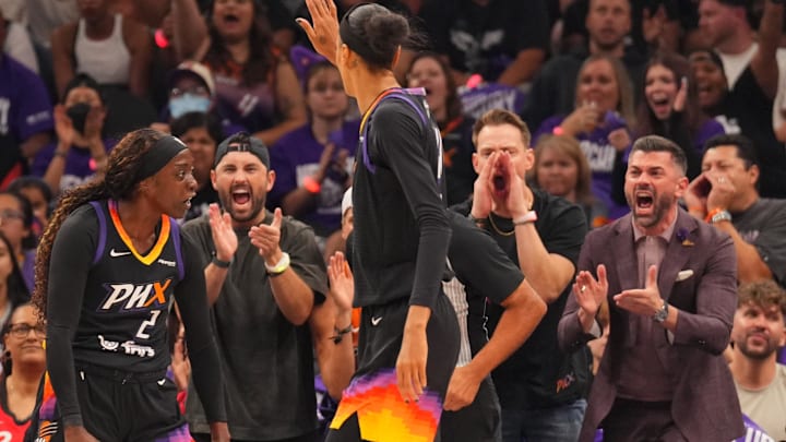 Oct 10, 2025; Phoenix, Arizona, USA; Phoenix Mercury guard Kahleah Copper (2) celebrates a basket against the Las Vegas Aces during the first half of game four of the 2025 WNBA Finals at Mortgage Matchup Center. Mandatory Credit: Joe Camporeale-Imagn Images