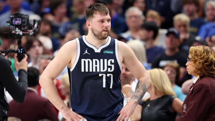 Dallas Mavericks guard Luka Doncic (77) reacts after fouling out of the game against the Boston Celtics during the fourth quarter during game three of the 2024 NBA Finals.