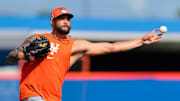 Feb 15, 2025; Port St. Lucie, FL, USA; New York Mets starting pitcher Sean Manaea (59) plays catch during a spring training workout at Clover Park. Mandatory Credit: Sam Navarro-Imagn Images