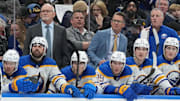 Dec 15, 2024; Toronto, Ontario, CAN; Buffalo Sabres head coach Lindy Ruff watches the play against theagainst the Toronto Maple Leafs during the third period at Scotiabank Arena. Mandatory Credit: Nick Turchiaro-Imagn Images
