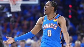Jun 22, 2025; Oklahoma City, Oklahoma, USA; Oklahoma City Thunder forward Jalen Williams (8) reacts after a play against the Indiana Pacers during the second half of game seven of the 2025 NBA Finals at Paycom Center. Mandatory Credit: Kyle Terada-Imagn Images
