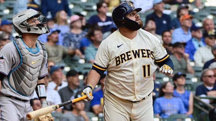 Sep 14, 2023; Milwaukee, Wisconsin, USA; Milwaukee Brewers first baseman Rowdy Tellez (11) watches