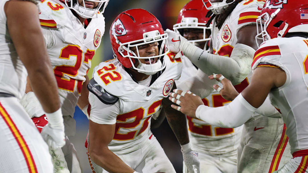 Oct 6, 2025; Jacksonville, Florida, USA; Kansas City Chiefs cornerback Trent McDuffie (22) celebrates after an interception during the second half against the Jacksonville Jaguars at EverBank Stadium. Mandatory Credit: Nathan Ray Seebeck-Imagn Images