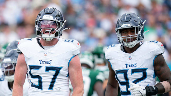 Tennessee Titans linebacker Luke Gifford (57) celebrates a stop on special teams against the New York Jets during their game at Nissan Stadium in Nashville, Tenn., Sunday, Sept. 15, 2024.