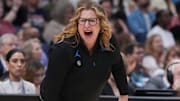 Apr 4, 2025; Tampa, FL, USA;  UCLA Bruins head coach Cori Close reacts during first quarter in a semifinal of the women's 2025 NCAA tournament against the Connecticut Huskies at Amalie Arena. Mandatory Credit: Kirby Lee-Imagn Images