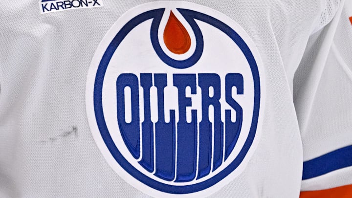 May 29, 2025; Dallas, Texas, USA; A view of the logo of the Edmonton Oilers on the jersey of goaltender Stuart Skinner (74) during the game between the Dallas Stars and the Edmonton Oilers in game five of the Western Conference Final of the 2025 Stanley Cup Playoffs at American Airlines Center.