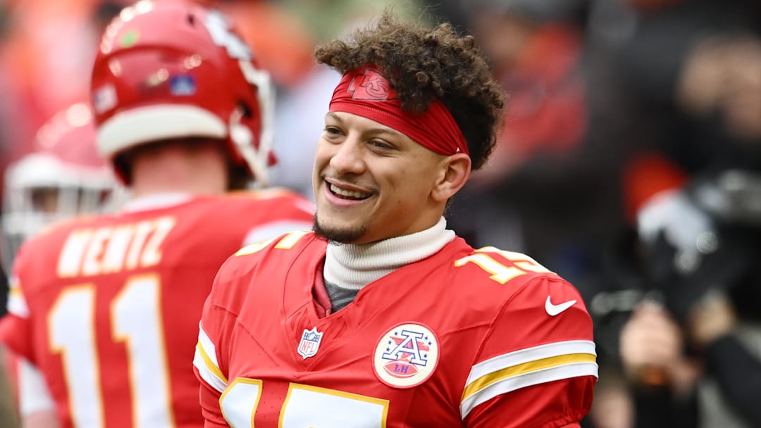 Dec 15, 2024; Cleveland, Ohio, USA; Kansas City Chiefs quarterback Patrick Mahomes (15) warms up before the game between the Cleveland Browns and the Chiefs at Huntington Bank Field. Mandatory Credit: Ken Blaze-Imagn Images