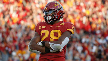 Iowa State junior running back Breece Hall celebrates in the end zone after scoring a touchdown in the fourth quarter against No. 8-ranked Oklahoma State on Saturday, Oct. 23, 2021, at Jack Trice Stadium in Ames.