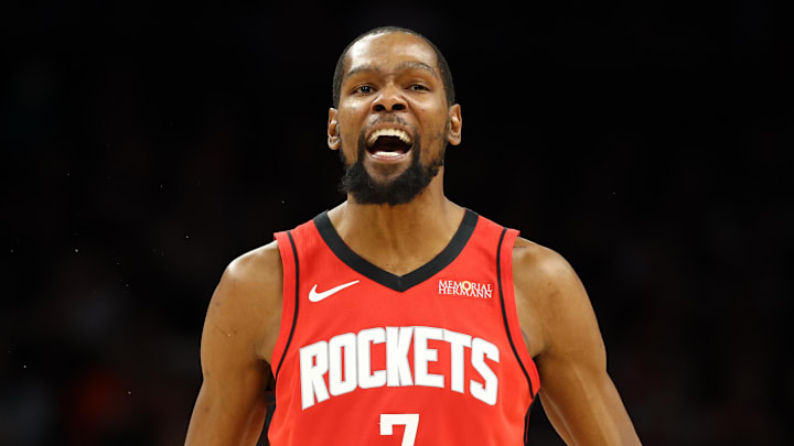 Apr 7, 2026; Phoenix, Arizona, USA; Houston Rockets forward Kevin Durant (7) celebrates a three point shot against the Phoenix Suns in the second half at Mortgage Matchup Center. Mandatory Credit: Mark J. Rebilas-Imagn Images
